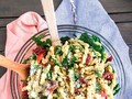 Goat cheese pasta with mushrooms, asparagus, and sun-dried tomatoes