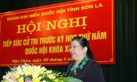 Wakil Ketua MN Tong Thi Phong melakukan kontak dengan pemilih Kabupaten Moc Chau, Provinsi Son La