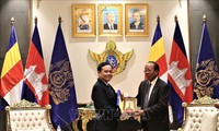 Phó Thủ tướng Trần Lưu Quang chào Phó Thủ tướng, Bộ trưởng Quốc phòng Campuchia Samdech Tea Banh