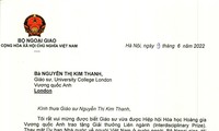Thứ trưởng Ngoại giao Phạm Quang Hiệu gửi thư chúc mừng GS Nguyễn Thị Kim Thanh, kiều bào tại Anh