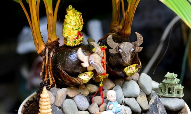 Artist transforms coconut shells into buffalo-shaped Tet penjings