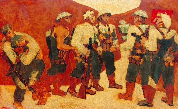 Tranh sơn mài “Kết nạp Đảng ở Điện Biên Phủ” của họa sĩ Nguyễn Sáng: khúc  tráng ca của người lính