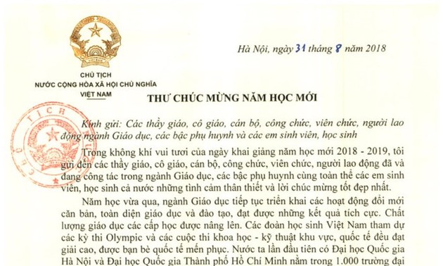 Presiden Vietnam, Tran Dai Quang mengirimkan surat ucapan selamat sehubungan dengan tahun ajar baru