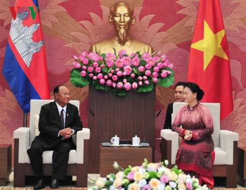 越南国会主席阮氏金银与柬埔寨国会主席韩桑林举行会谈