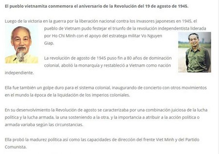 Media  Argentina  memliput berita dan artikel tentang makna penting Revolusi Agustus  Vietnam