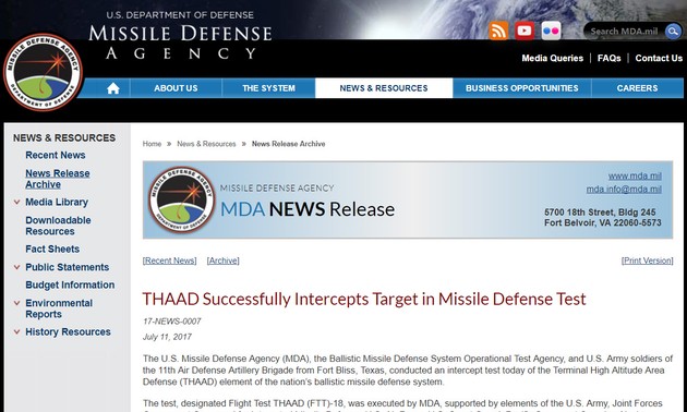  美国宣布成功测试萨德（THAAD）反导系统