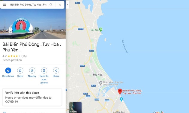 谷歌地图纠正关于越南富安省绥和市海滩的错误注释