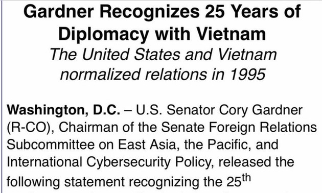 美国参议员发表声明 对越美关系正常化25年予以肯定
