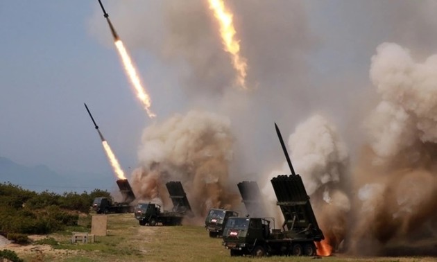 朝鲜发射多管火箭炮炮弹