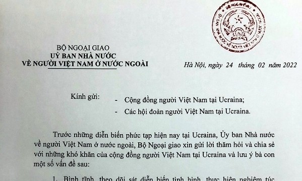 Thư ngỏ của Bộ ngoại giao Việt Nam gửi cộng đồng bà con người Việt tại Ucraina
