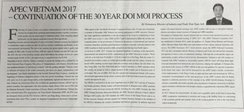  Koran Jepang memuat artikel tulisan Menteri Industri dan Perdagangan Vietnam, Tran Tuan Anh tentang  APEC 2017
