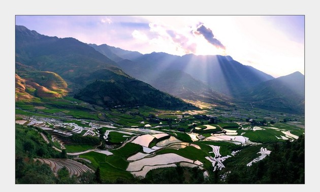 Magnificent terraced rice fields during water pouring season