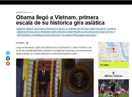 Medios de Argentina e Italia publican informaciones sobre la visita de Obama a Vietnam 