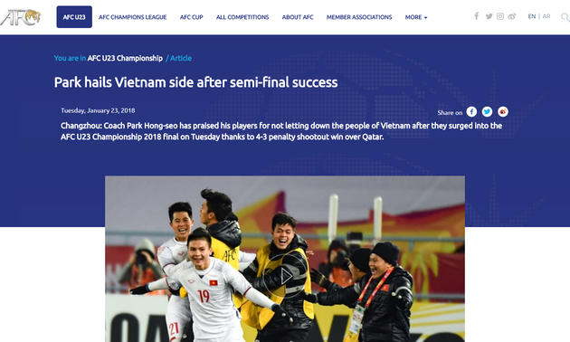 Medios internacionales exaltan gloria de Vietnam en Campeonato Asiático de Fútbol 2018