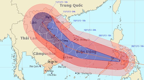 Tối nay, siêu bão Haiyan đi vào phía Đông Nam biển Đông 