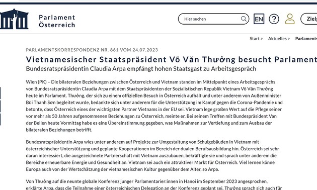 President Thuong’s official visit to Austria spotlighted by Austrian media