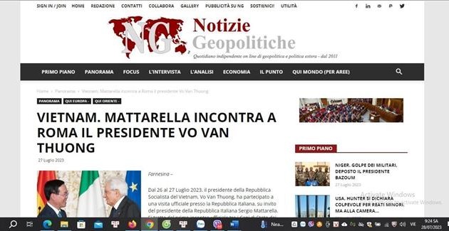 Prensa italiana: La visita del presidente Vo Van Thuong abre una nueva era de cooperación