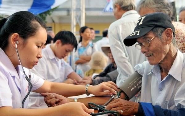 Vier Krankenhäuser bieten kostenlose Behandlung und Untersuchung am Gebiet vor Statue des Königs Ly Thai To an