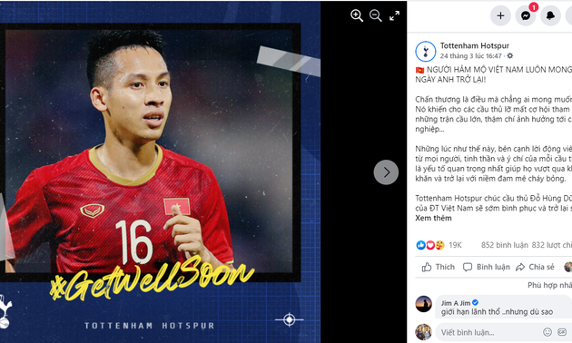 Fußballklub Tottenham beglückwünscht Mittelfeldspieler Do Hung Dung den baldigen Rückkehr 