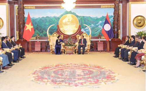 阮氏金银礼节性拜会老挝人民革命党中央总书记、国家主席本扬