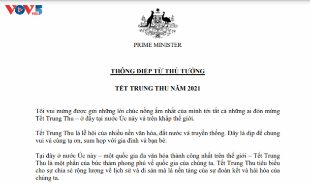 Australiens Premierminister schickt eine Glückwunschbotschaft zum Mittherbstfest auf Vietnamesisch