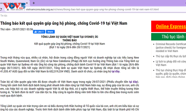 Vietnamesen in Australien unterstützen COVID-19-Bekämpfung in Vietnam