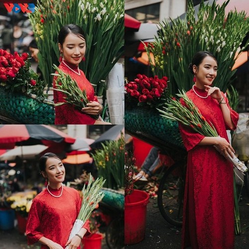 El Ao Dai embellece las calles de Hanói en ambiente festivo del Tet - ảnh 8