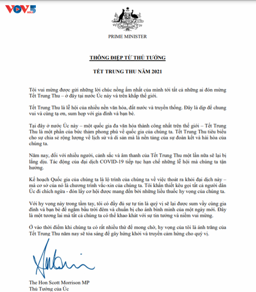 Australiens Premierminister schickt eine Glückwunschbotschaft zum Mittherbstfest auf Vietnamesisch - ảnh 1