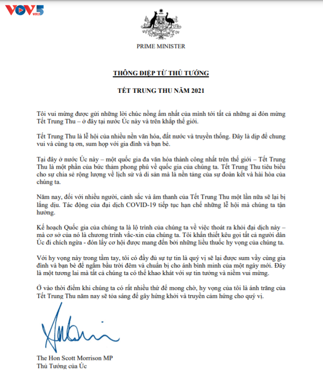 Primer ministro australiano transmite felicitación en vietnamita por la Fiesta del Medio Otoño - ảnh 1