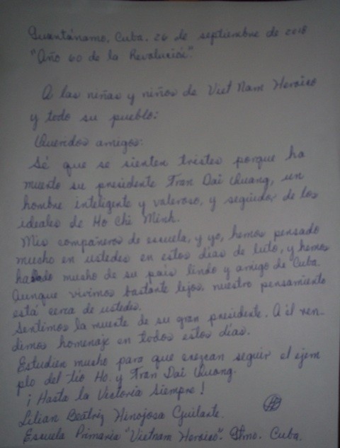 “Seguir el ejemplo del Tío Ho y Tran Dai Quang” - Carta de una niña cubana a sus homólogos vietnamitas - ảnh 2