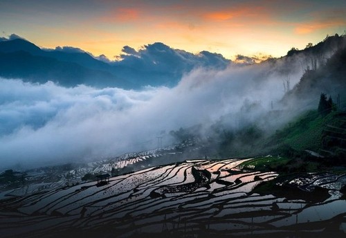Magníficos campos de arroz en terrazas durante la temporada de crecidas - ảnh 9