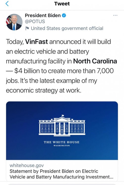 President Joe Biden welcomes Vinfast’s electric vehicle project in the US - ảnh 1