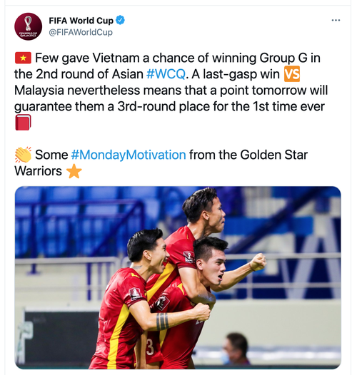 Twitter von FIFA-Weltfußallmeisterschaft: Impuls für neuen Tag aus vietnamesischer Mannschaft - ảnh 1