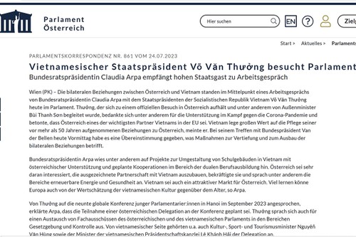 Österreichs Medien berichten über den Besuch des Staatspräsidenten Vo Van Thuong - ảnh 1
