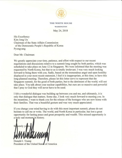 President Donald Trump's letter to Kim Jong-un canceling June summit - ảnh 1