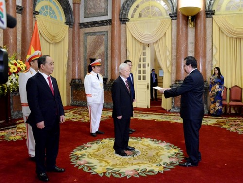 Máximo líder de Vietnam recibe a los embajadores de Panamá, Singapur e Indonesia - ảnh 1