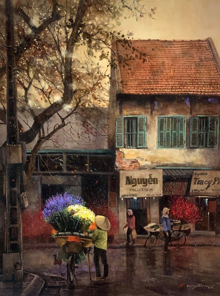 Pandangi Koleksi Lukisan Teramat Indah tentang Kota Ha Noi yang Dilukiskan dengan Rasa Cinta Pelukis di Kota Ho Chi Minh  - ảnh 3