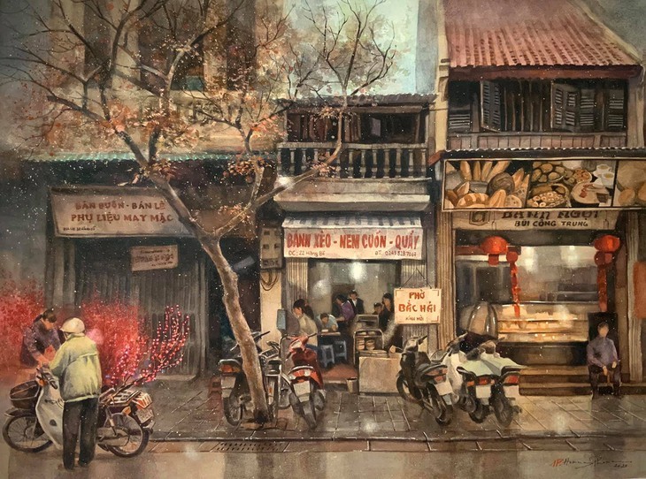 Pandangi Koleksi Lukisan Teramat Indah tentang Kota Ha Noi yang Dilukiskan dengan Rasa Cinta Pelukis di Kota Ho Chi Minh  - ảnh 11
