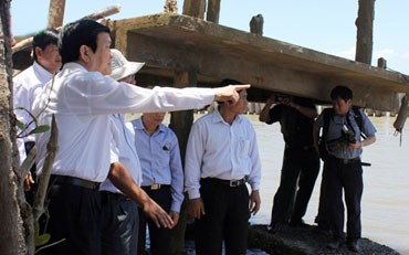 Presiden Truong Tan Sang melakukan survei terhadap  tanggul laut di daerah dataran rendah sungai Mekong - ảnh 1