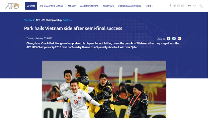Vietnam U23’s historic win makes headlines in international media - ảnh 1