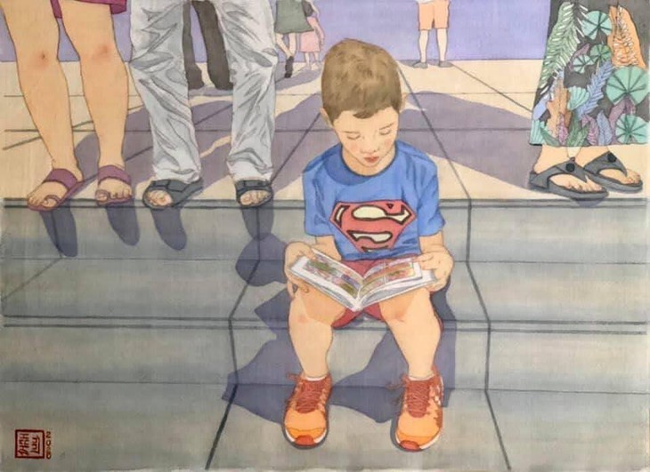 画家タイン・リューさんによる「本を読む人々」絹絵 - ảnh 10
