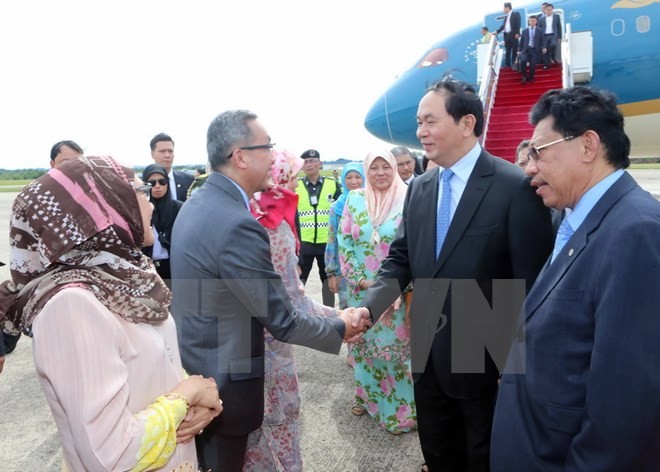 Presiden Tran Dai Quang tiba di Brunei Darussalam, mengunjungi Kedubes Vietnam - ảnh 1