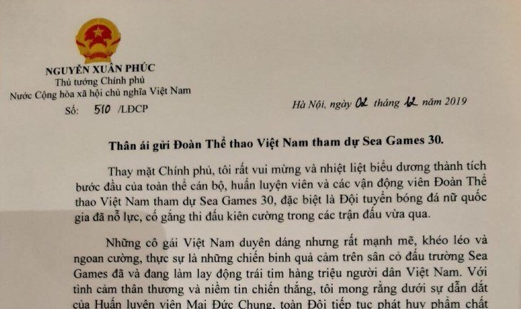 PM Nguyen Xuan Phuc mengirim surat menyemangati kontingen olahraga Vietnam peserta SEA Games 30 - ảnh 1