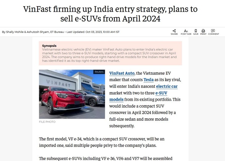Индийская газета: VinFast собирается импортировать на индийский рынок  - ảnh 1