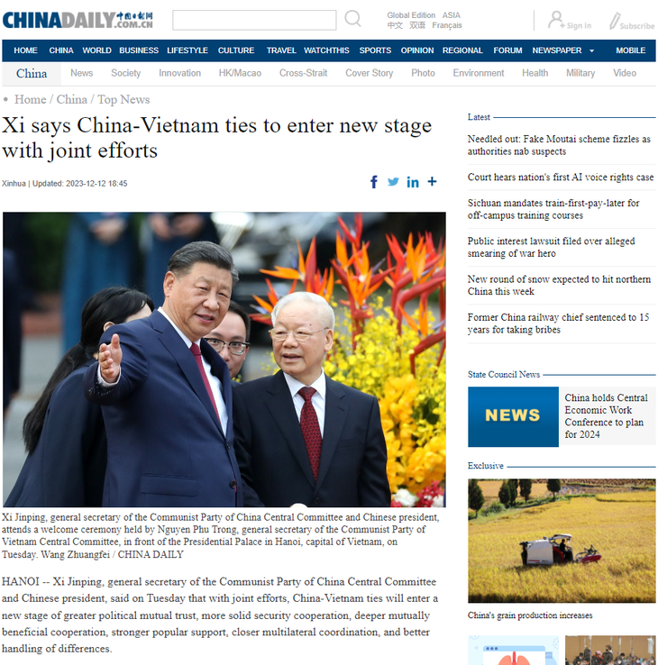 Китайские СМИ ярко осветили официального визита во Вьетнам генерального секретаря ЦК КПК, председателя КНР Си Цзиньпин - ảnh 2