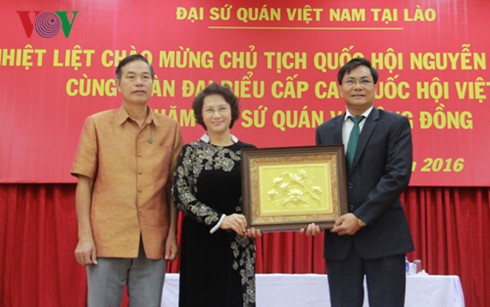 阮氏金银看望越南驻老大使馆工作人员及旅居老挝越南人代表 - ảnh 1