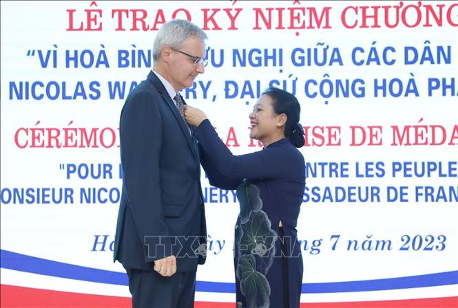 Trao Kỷ niệm chương “Vì hòa bình, hữu nghị giữa các dân tộc” tặng Đại sứ Pháp tại Việt Nam - ảnh 1
