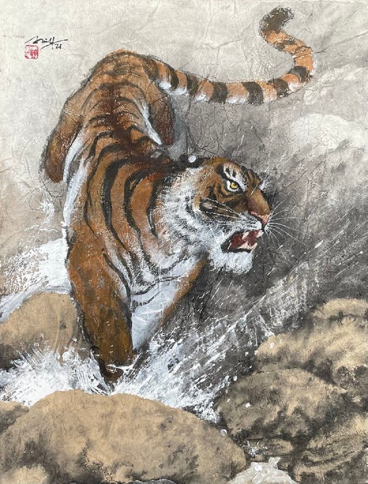 Lively paintings by Nguyen Doan Ninh to usher in Year of the Tiger - ảnh 16