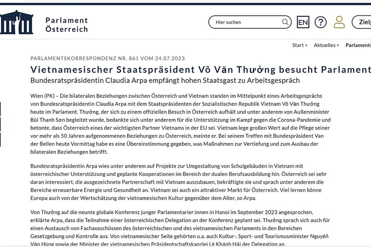 Österreichs Medien berichten über den Besuch des Staatspräsidenten Vo Van Thuong - ảnh 1