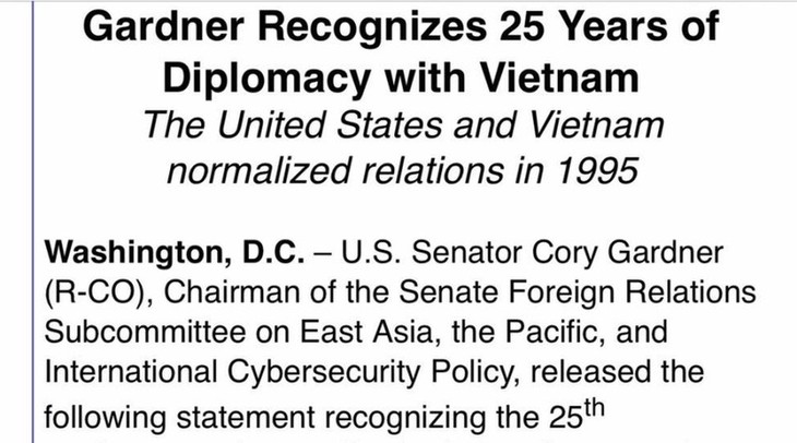 Сенатор США сделал заявление, посвященное 25-летию нормализации отношений Вьетнама и США - ảnh 1